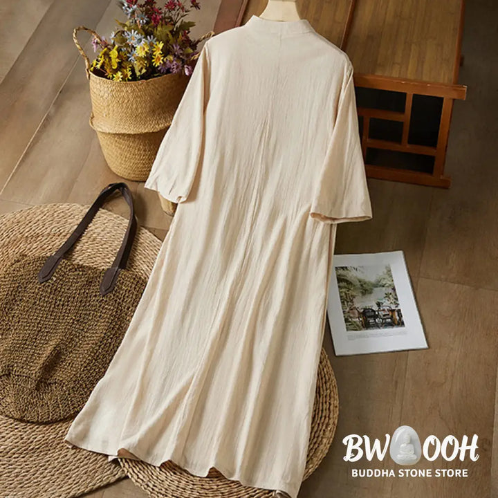 Buddha Stones Vintage Embroidery Frog-button Half Sleeve High Waist Cotton Linen Women’s Midi Dress - Midi Dress
