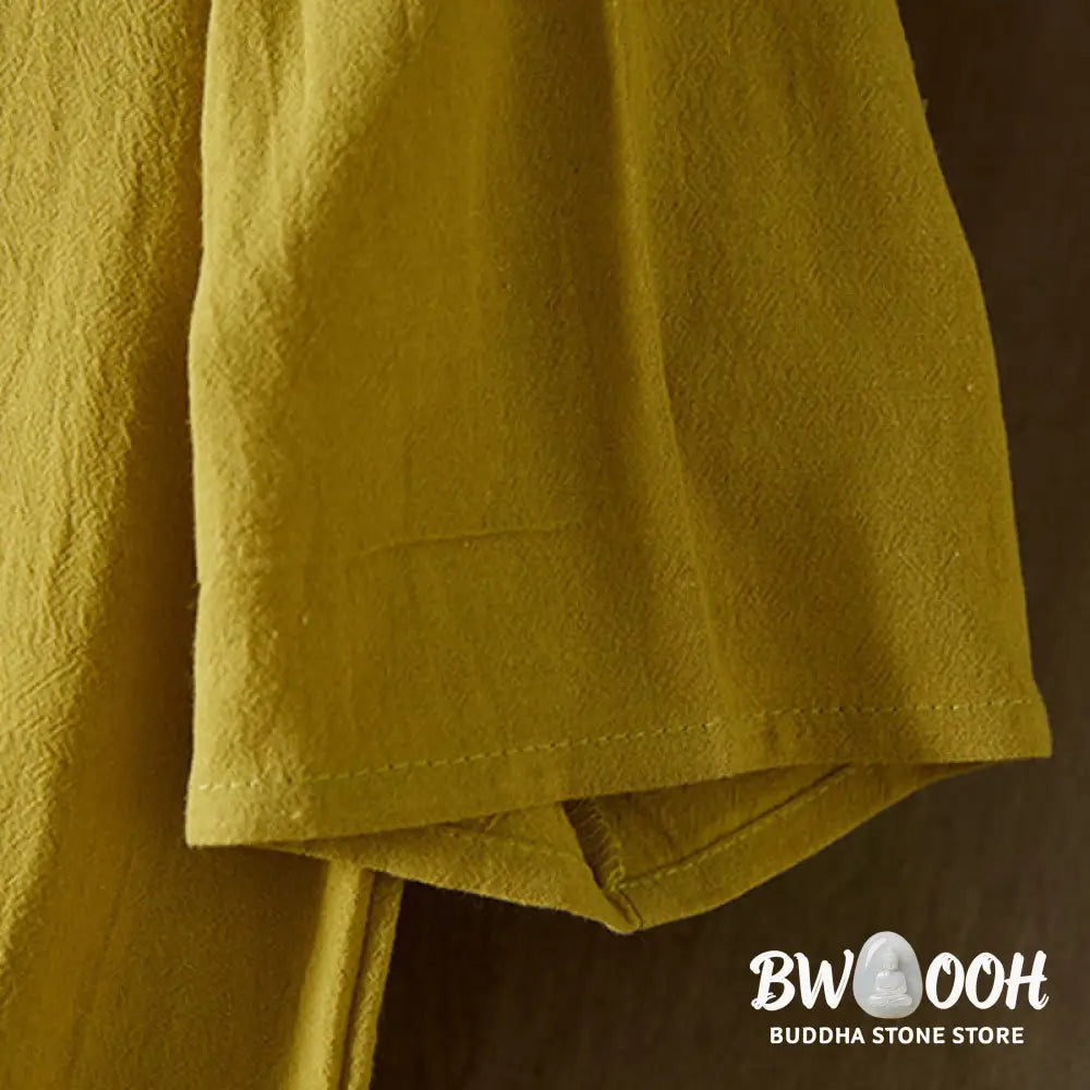 Buddha Stones Vintage Embroidery Frog-button Half Sleeve High Waist Cotton Linen Women’s Midi Dress - Midi Dress