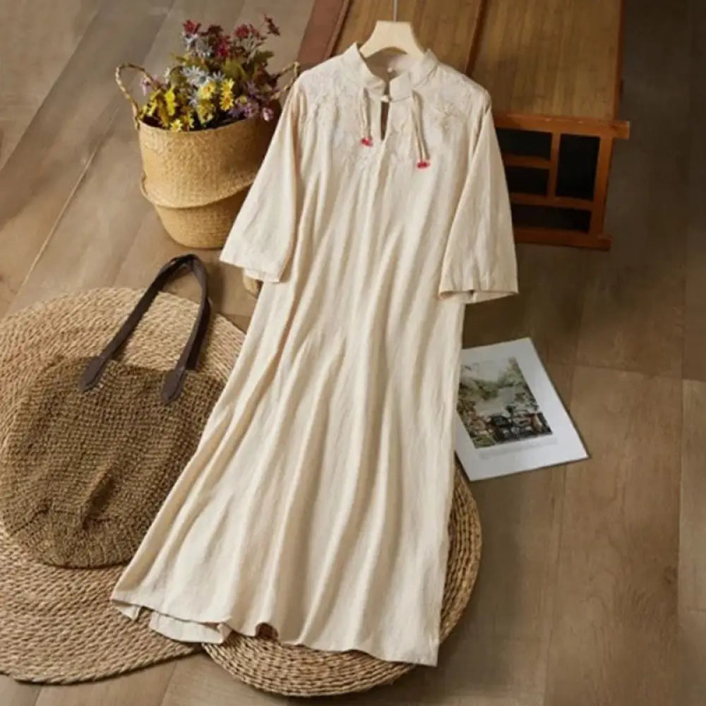 Buddha Stones Vintage Embroidery Frog-button Half Sleeve High Waist Cotton Linen Women’s Midi Dress - Beige