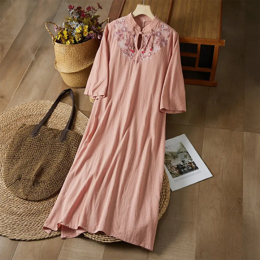Buddha Stones Vintage Embroidery Frog-button Half Sleeve High Waist Cotton Linen Women’s Midi Dress - DarkSalmon