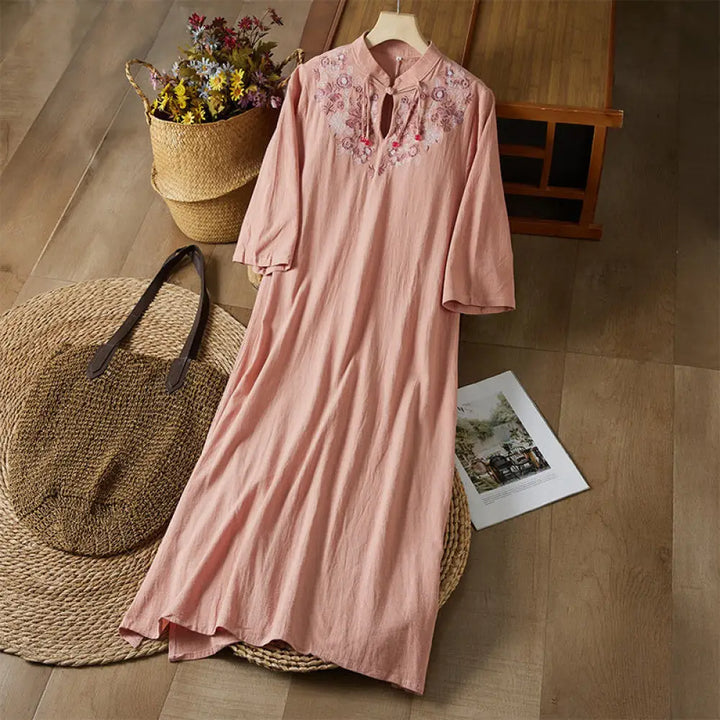 Buddha Stones Vintage Embroidery Frog-button Half Sleeve High Waist Cotton Linen Women’s Midi Dress - DarkSalmon