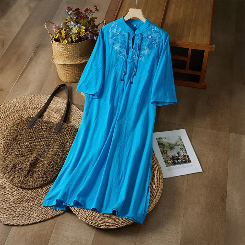 Buddha Stones Vintage Embroidery Frog-button Half Sleeve High Waist Cotton Linen Women’s Midi Dress - DodgerBlue