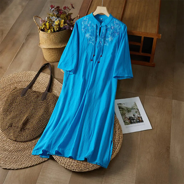 Buddha Stones Vintage Embroidery Frog-button Half Sleeve High Waist Cotton Linen Women’s Midi Dress - DodgerBlue
