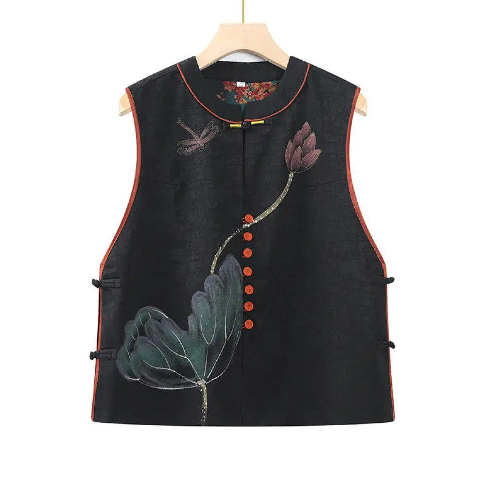 Buddha Stones Vintage Embroidery Jacquard Weave Flower Pattern Vest - Black / US6，UK/AU10，EU38 (XL) - Waistcoat