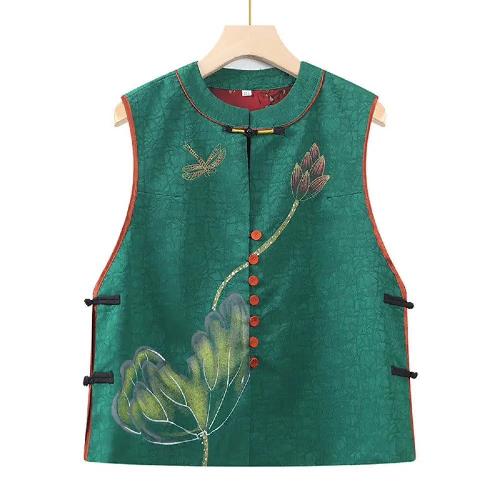 Buddha Stones Vintage Embroidery Jacquard Weave Flower Pattern Vest - Green / US6，UK/AU10，EU38 (XL) - Waistcoat