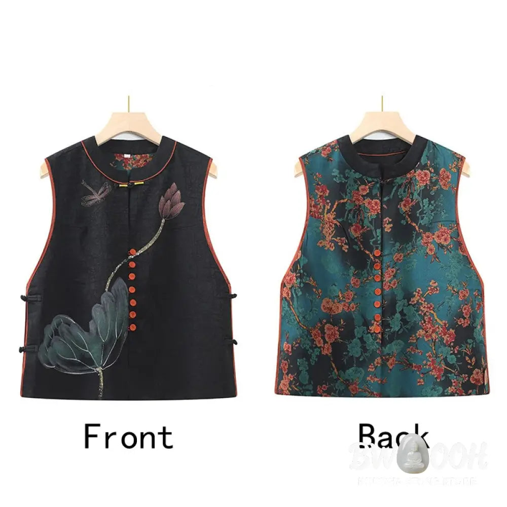 Buddha Stones Vintage Embroidery Jacquard Weave Flower Pattern Vest - Waistcoat