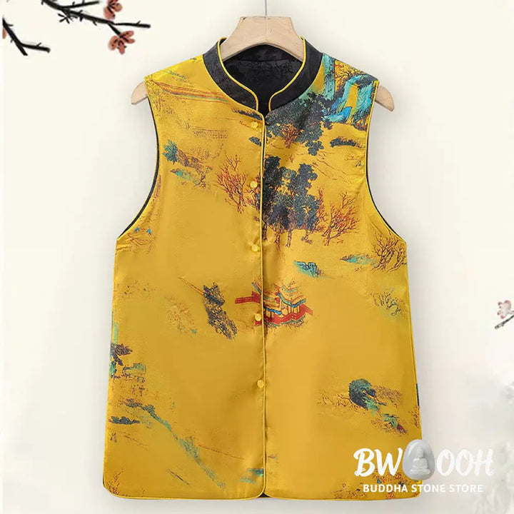 Buddha Stones Vintage Embroidery Plum Blossom Pattern Double-Sided Wear Vest - Waistcoat
