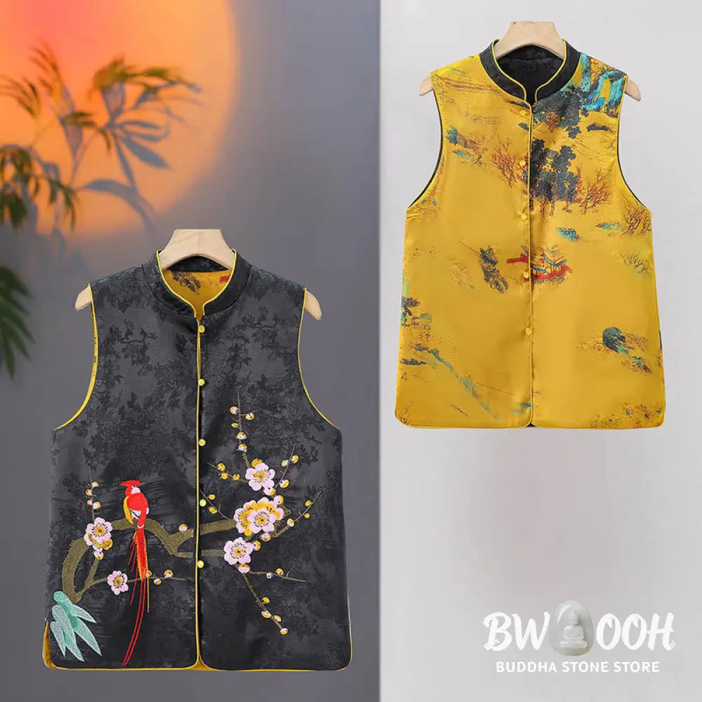 Buddha Stones Vintage Embroidery Plum Blossom Pattern Double-Sided Wear Vest - Waistcoat