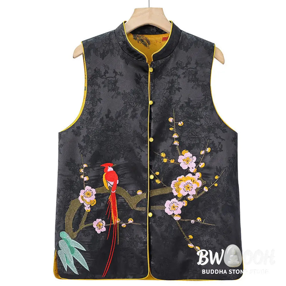 Buddha Stones Vintage Embroidery Plum Blossom Pattern Double-Sided Wear Vest - Waistcoat