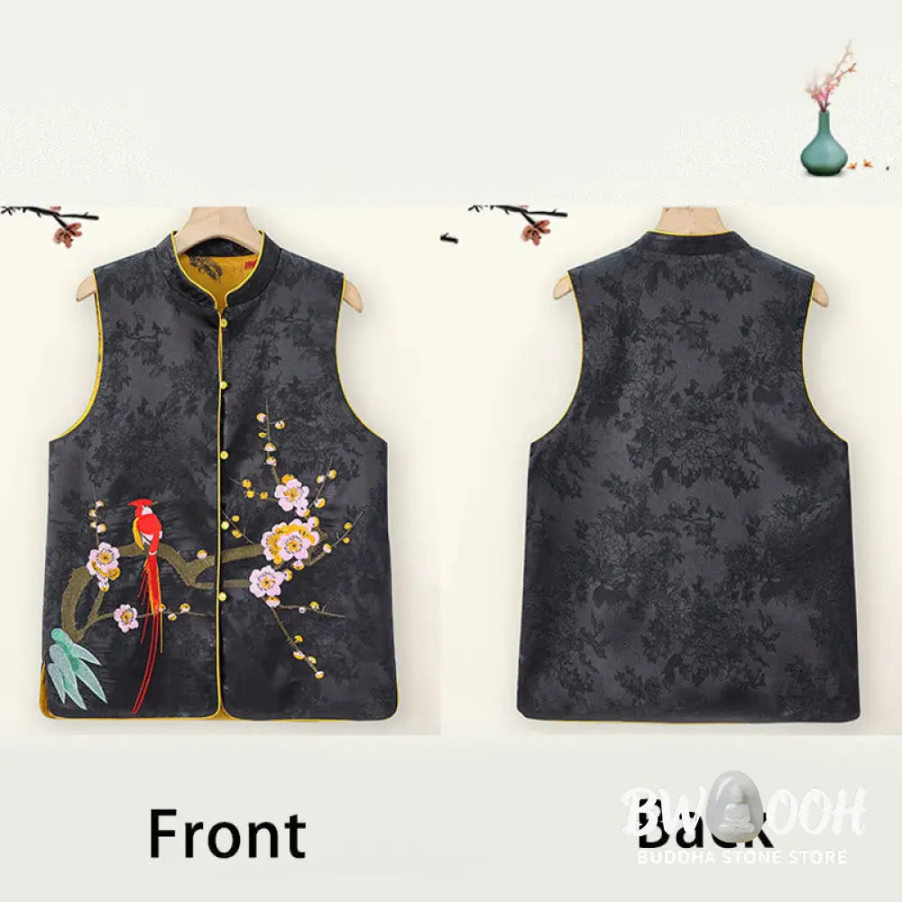 Buddha Stones Vintage Embroidery Plum Blossom Pattern Double-Sided Wear Vest - Waistcoat