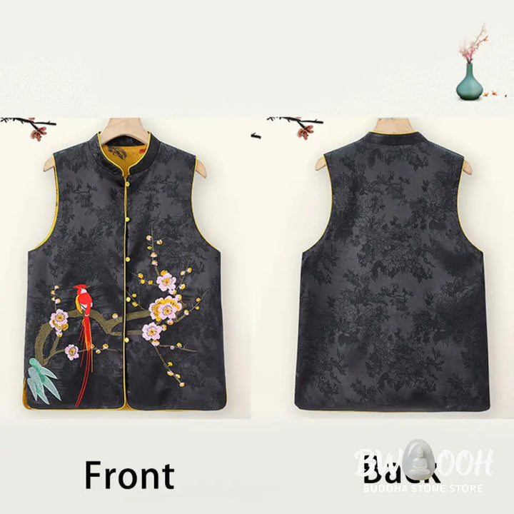 Buddha Stones Vintage Embroidery Plum Blossom Pattern Double-Sided Wear Vest - Waistcoat
