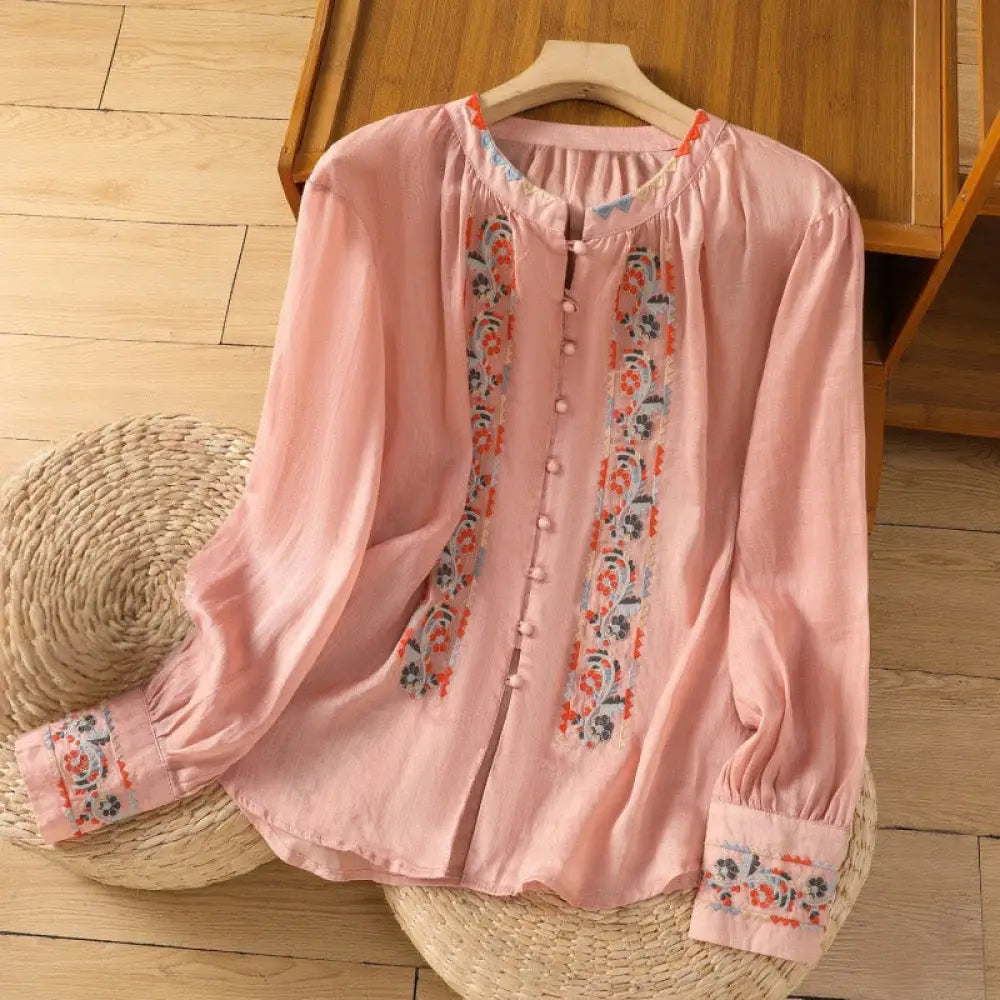 Buddha Stones Vintage Embroidery Single Row Multi-Button Placket Design Women’s Cotton Linen Long Lantern Sleeve Shirt