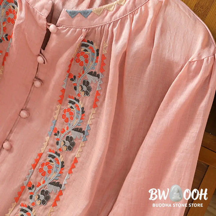 Buddha Stones Vintage Embroidery Single Row Multi-Button Placket Design Women’s Cotton Linen Long Lantern Sleeve Shirt