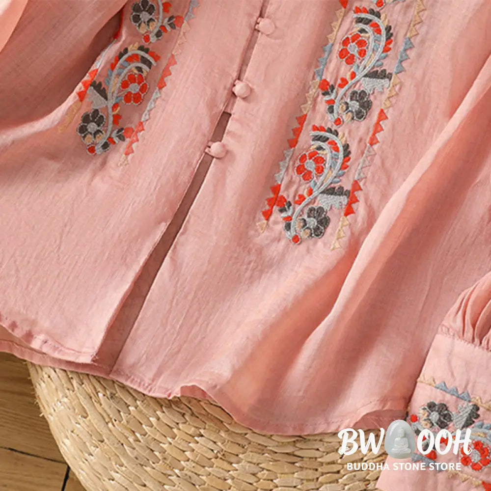Buddha Stones Vintage Embroidery Single Row Multi-Button Placket Design Women’s Cotton Linen Long Lantern Sleeve Shirt