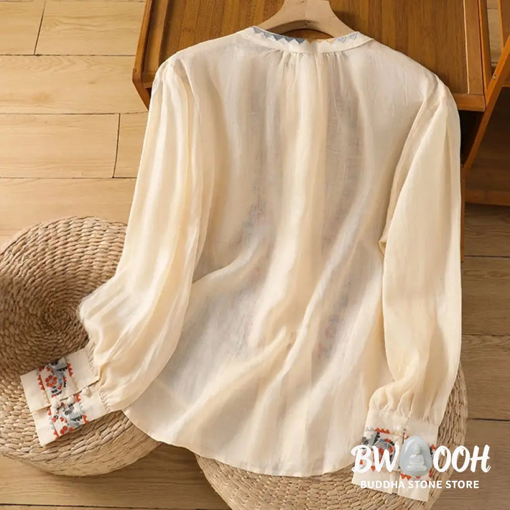 Buddha Stones Vintage Embroidery Single Row Multi-Button Placket Design Women’s Cotton Linen Long Lantern Sleeve Shirt