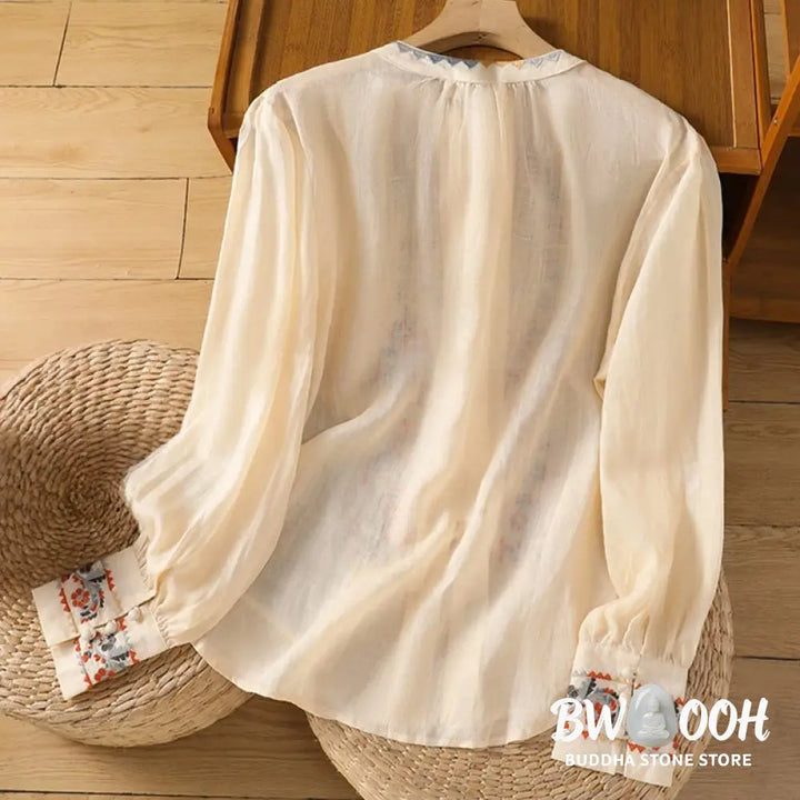 Buddha Stones Vintage Embroidery Single Row Multi-Button Placket Design Women’s Cotton Linen Long Lantern Sleeve Shirt