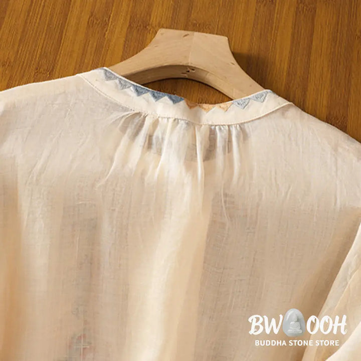 Buddha Stones Vintage Embroidery Single Row Multi-Button Placket Design Women’s Cotton Linen Long Lantern Sleeve Shirt