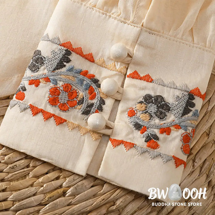 Buddha Stones Vintage Embroidery Single Row Multi-Button Placket Design Women’s Cotton Linen Long Lantern Sleeve Shirt