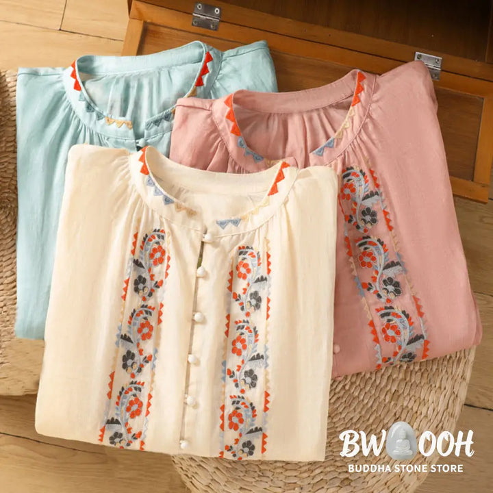 Buddha Stones Vintage Embroidery Single Row Multi-Button Placket Design Women’s Cotton Linen Long Lantern Sleeve Shirt