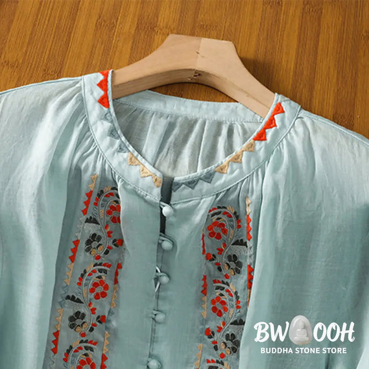 Buddha Stones Vintage Embroidery Single Row Multi-Button Placket Design Women’s Cotton Linen Long Lantern Sleeve Shirt