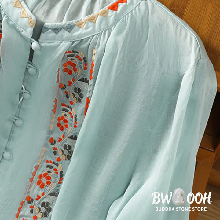 Buddha Stones Vintage Embroidery Single Row Multi-Button Placket Design Women’s Cotton Linen Long Lantern Sleeve Shirt