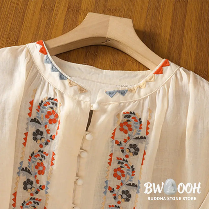 Buddha Stones Vintage Embroidery Single Row Multi-Button Placket Design Women’s Cotton Linen Long Lantern Sleeve Shirt