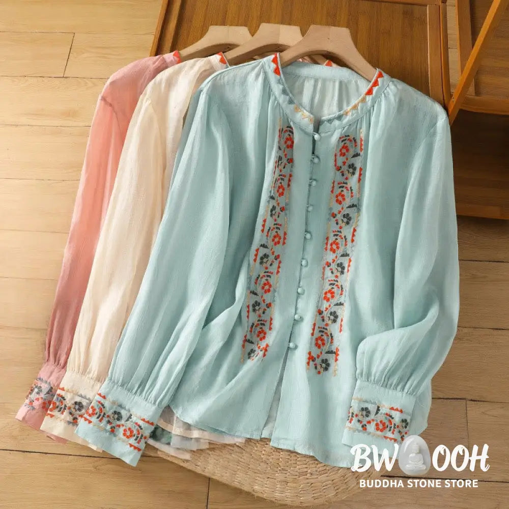 Buddha Stones Vintage Embroidery Single Row Multi-Button Placket Design Women’s Cotton Linen Long Lantern Sleeve Shirt