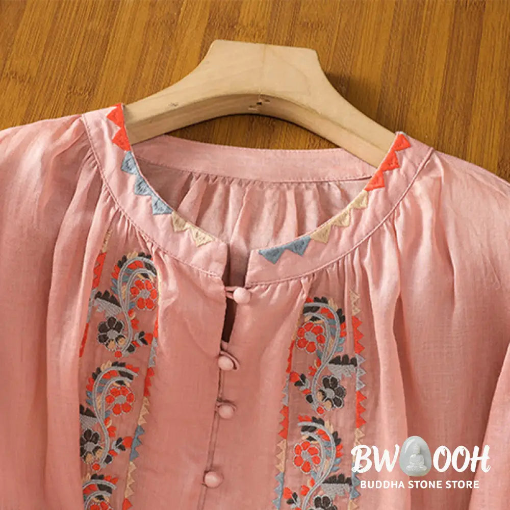 Buddha Stones Vintage Embroidery Single Row Multi-Button Placket Design Women’s Cotton Linen Long Lantern Sleeve Shirt