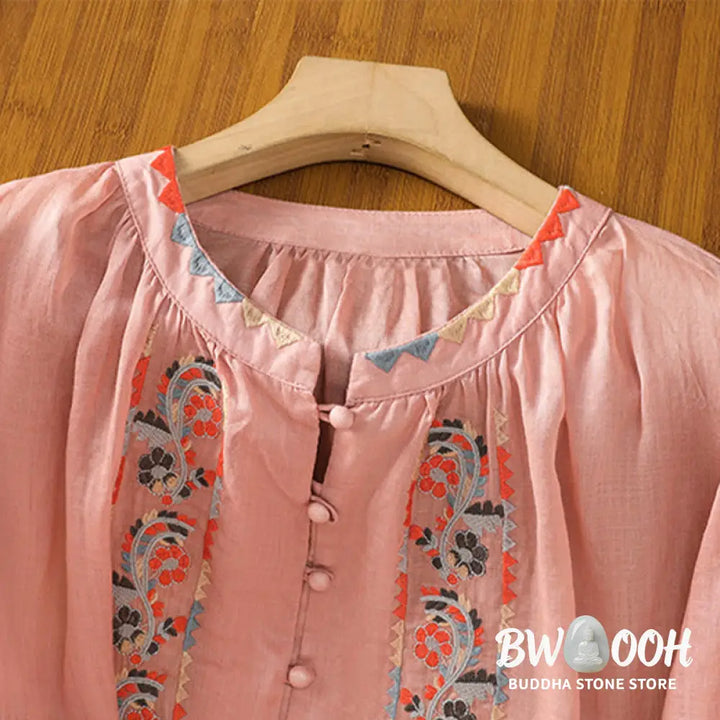 Buddha Stones Vintage Embroidery Single Row Multi-Button Placket Design Women’s Cotton Linen Long Lantern Sleeve Shirt
