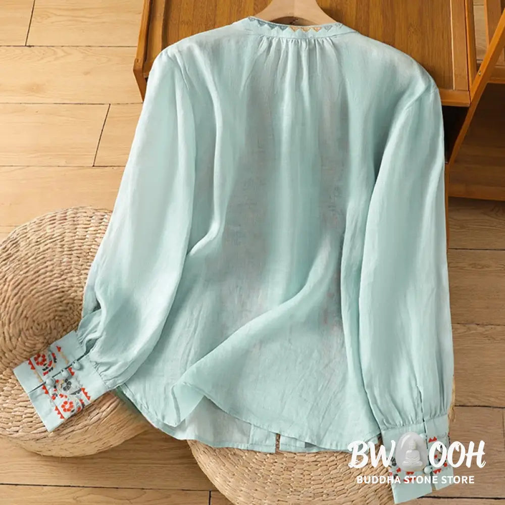 Buddha Stones Vintage Embroidery Single Row Multi-Button Placket Design Women’s Cotton Linen Long Lantern Sleeve Shirt