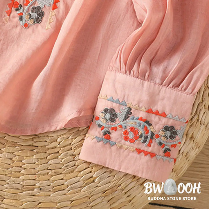 Buddha Stones Vintage Embroidery Single Row Multi-Button Placket Design Women’s Cotton Linen Long Lantern Sleeve Shirt