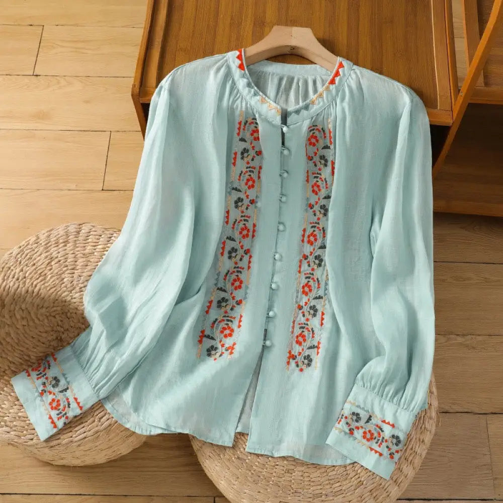 Buddha Stones Vintage Embroidery Single Row Multi-Button Placket Design Women’s Cotton Linen Long Lantern Sleeve Shirt