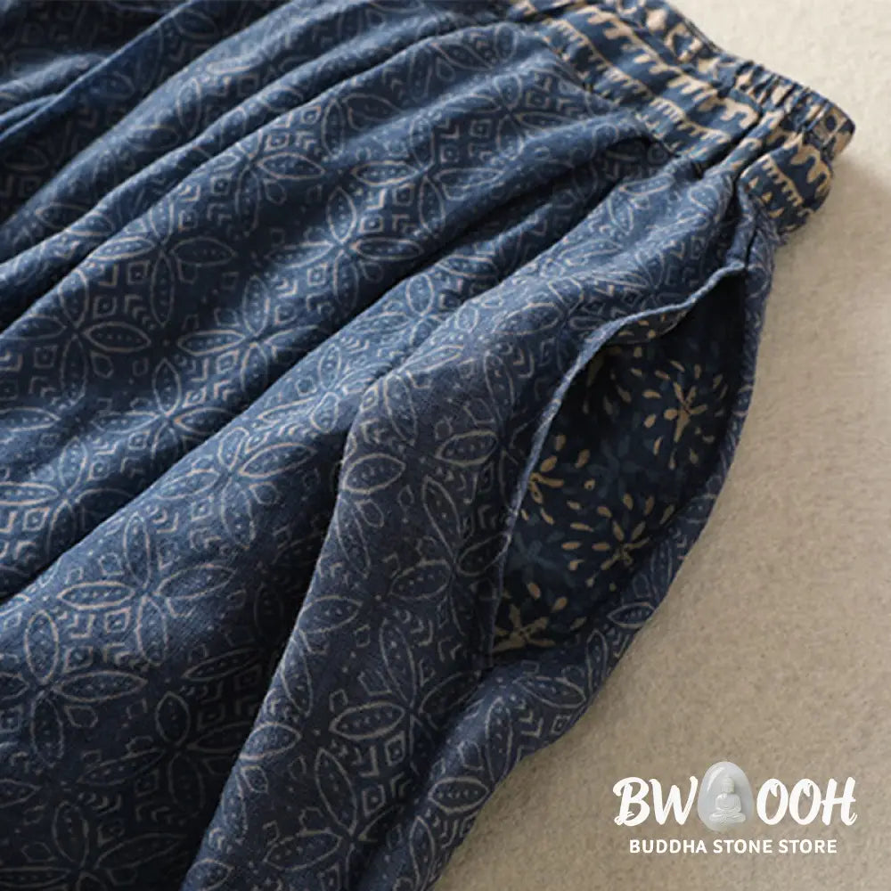 Buddha Stones Vintage Ethnic Floral Pattern Lined Drawstring Women’s Skirt With Pockets - Skirt