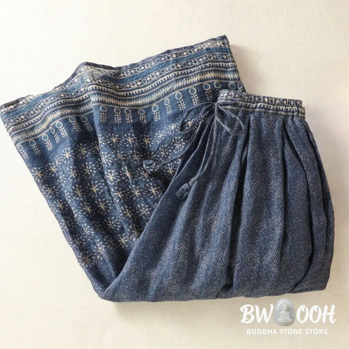 Buddha Stones Vintage Ethnic Floral Pattern Lined Drawstring Women’s Skirt With Pockets - Skirt