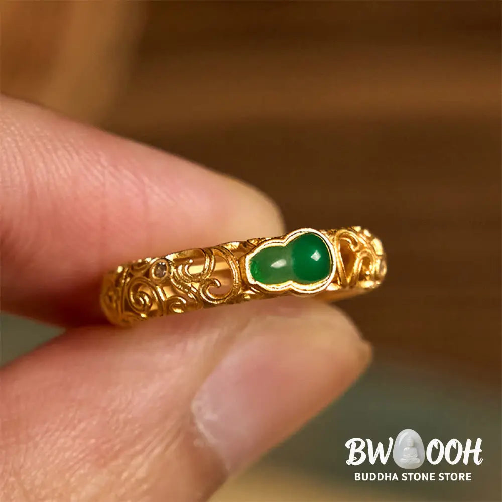 Buddha Stones Vintage Gourd Green Chalcedony Copper Alloy Wealth Ring - Ring