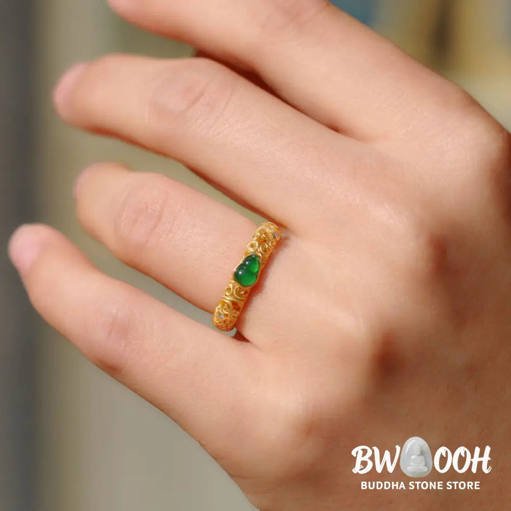 Buddha Stones Vintage Gourd Green Chalcedony Copper Alloy Wealth Ring - Ring