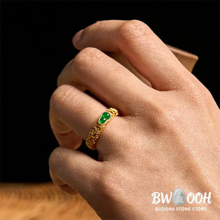 Buddha Stones Vintage Gourd Green Chalcedony Copper Alloy Wealth Ring - Ring