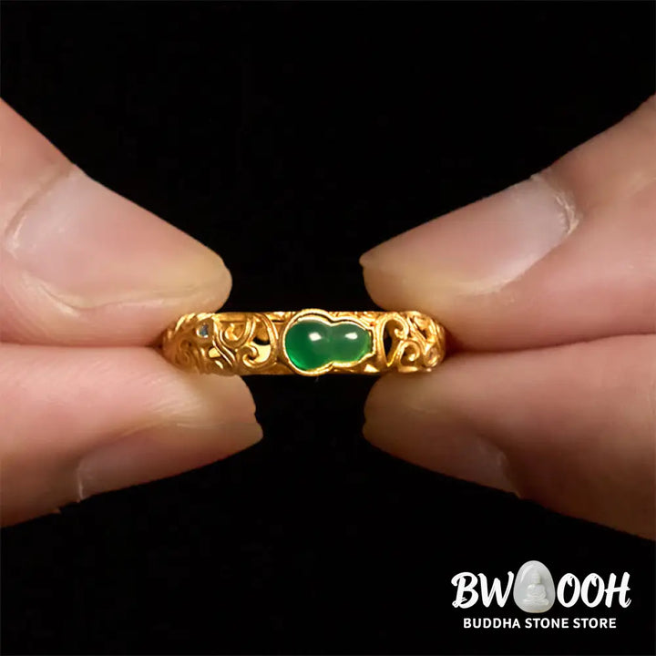 Buddha Stones Vintage Gourd Green Chalcedony Copper Alloy Wealth Ring - Ring