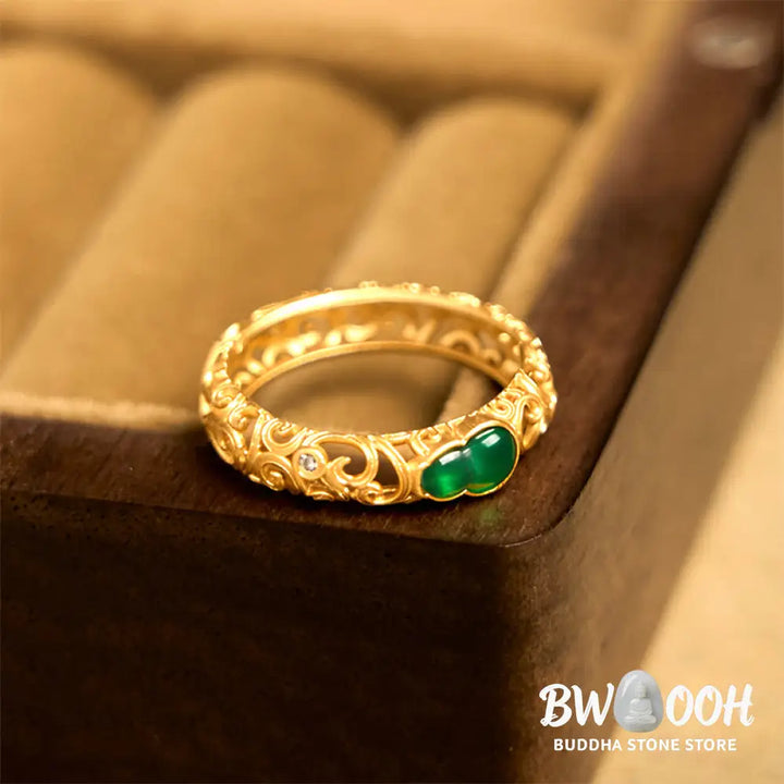 Buddha Stones Vintage Gourd Green Chalcedony Copper Alloy Wealth Ring - Ring