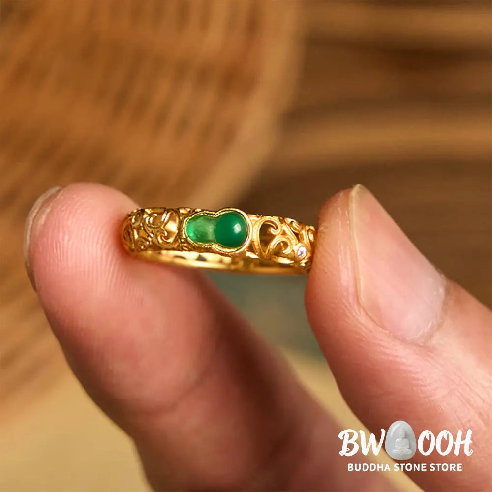 Buddha Stones Vintage Gourd Green Chalcedony Copper Alloy Wealth Ring - Ring