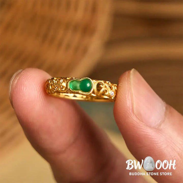 Buddha Stones Vintage Gourd Green Chalcedony Copper Alloy Wealth Ring - Ring