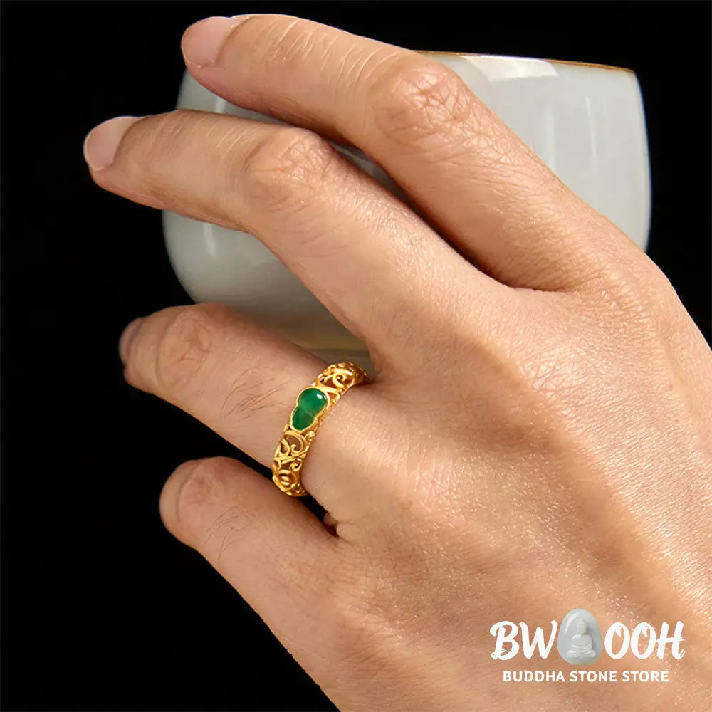 Buddha Stones Vintage Gourd Green Chalcedony Copper Alloy Wealth Ring - Ring