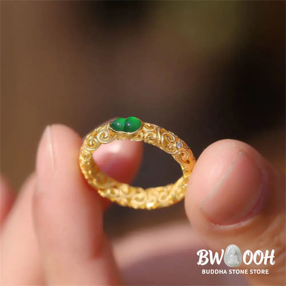 Buddha Stones Vintage Gourd Green Chalcedony Copper Alloy Wealth Ring - Ring