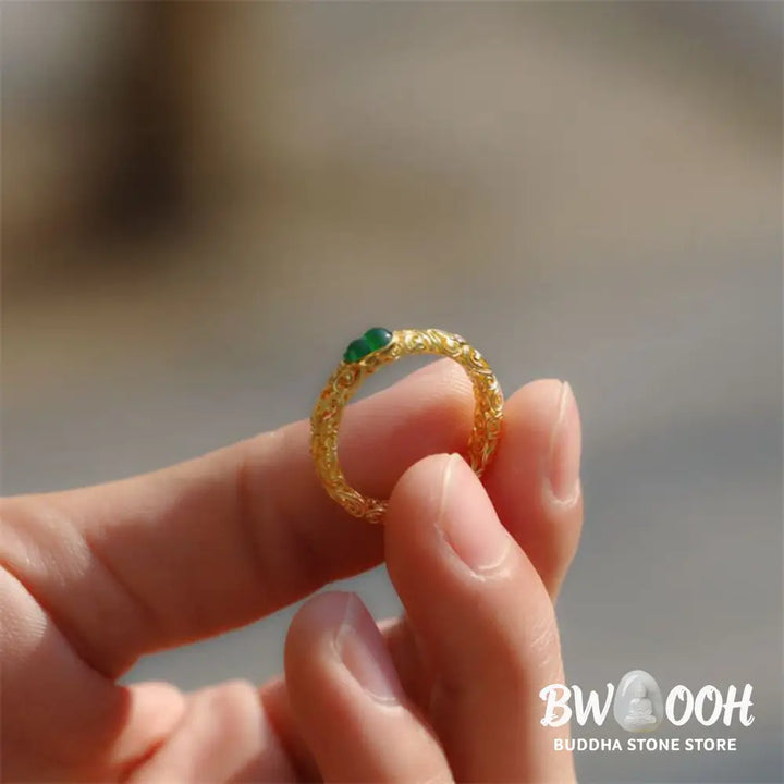 Buddha Stones Vintage Gourd Green Chalcedony Copper Alloy Wealth Ring - Ring