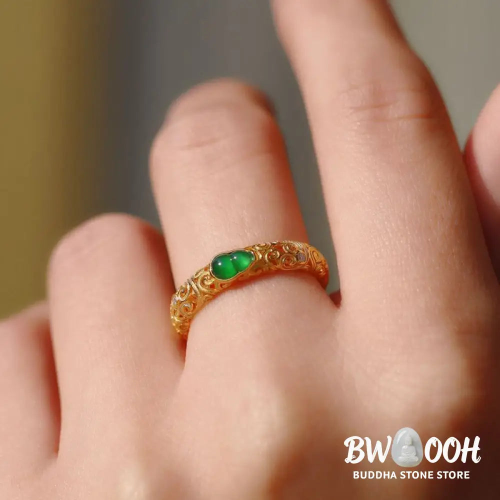 Buddha Stones Vintage Gourd Green Chalcedony Copper Alloy Wealth Ring - Ring