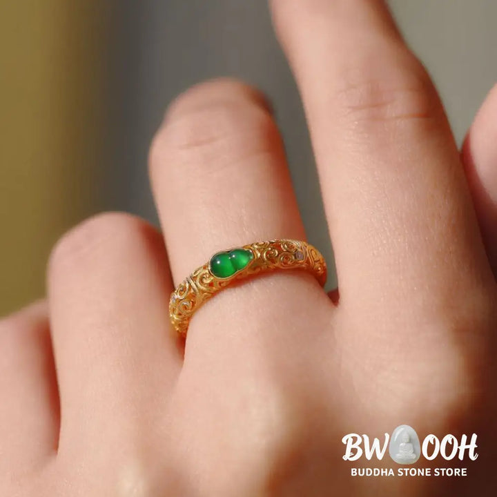 Buddha Stones Vintage Gourd Green Chalcedony Copper Alloy Wealth Ring - Ring
