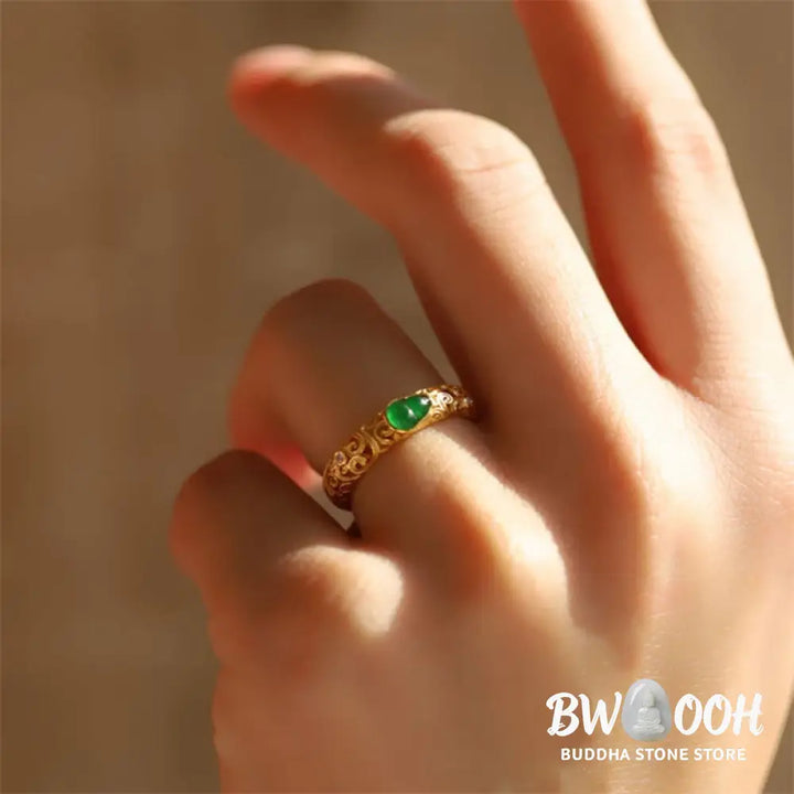 Buddha Stones Vintage Gourd Green Chalcedony Copper Alloy Wealth Ring - Ring