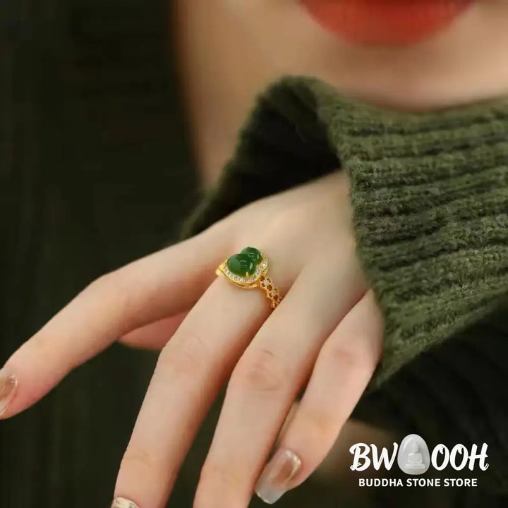 Buddha Stones Vintage Gourd Green Chalcedony Copper Plated Gold Adjustable Wealth Ring - Green Chalcedony(Adjustable)