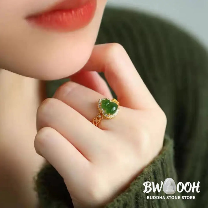 Buddha Stones Vintage Gourd Green Chalcedony Copper Plated Gold Adjustable Wealth Ring - Green Chalcedony(Adjustable)