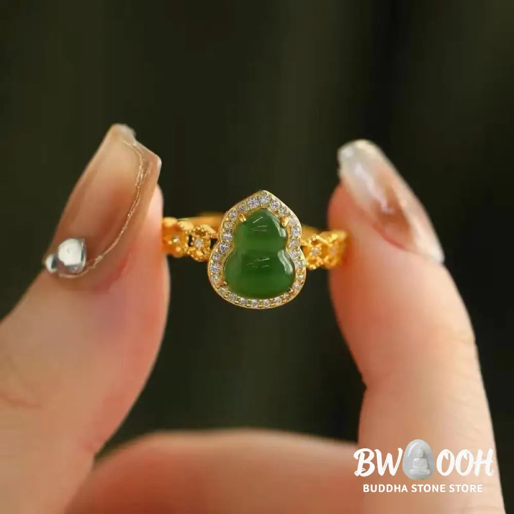 Buddha Stones Vintage Gourd Green Chalcedony Copper Plated Gold Adjustable Wealth Ring - Green Chalcedony(Adjustable)